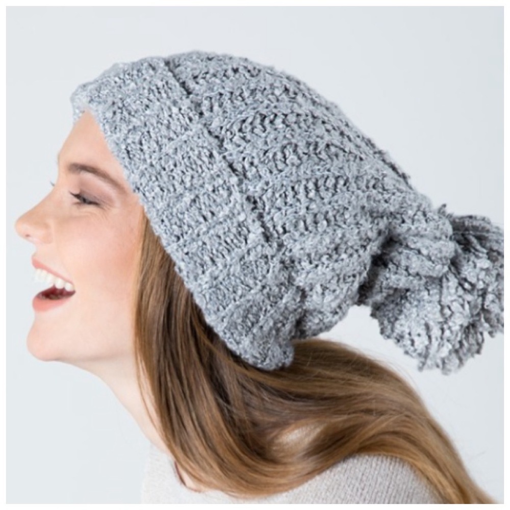 Grey knit metallic shimmer pom beanie